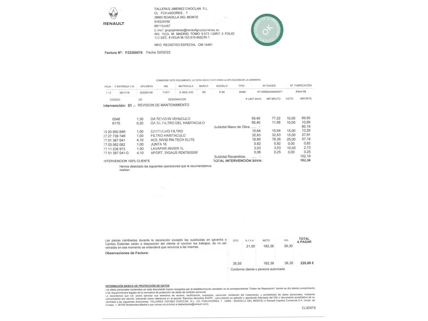 Foto del mantenimiento del Renault Clio Renault Clio Zen Energy TCe (90 CV)
