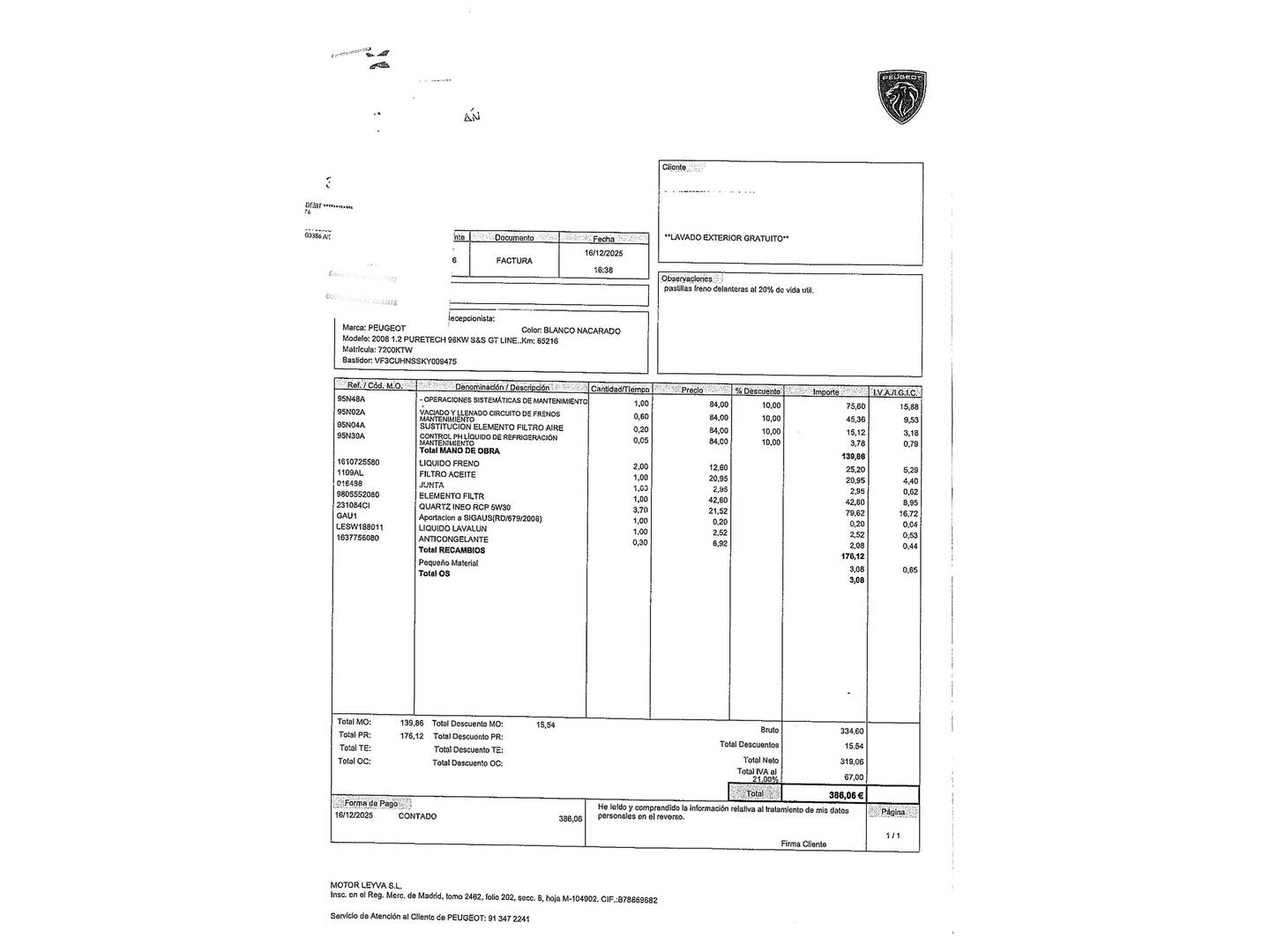 Foto del mantenimiento del Peugeot 2008 Peugeot 2008 PureTech 130 S&S GT Line (130 CV)