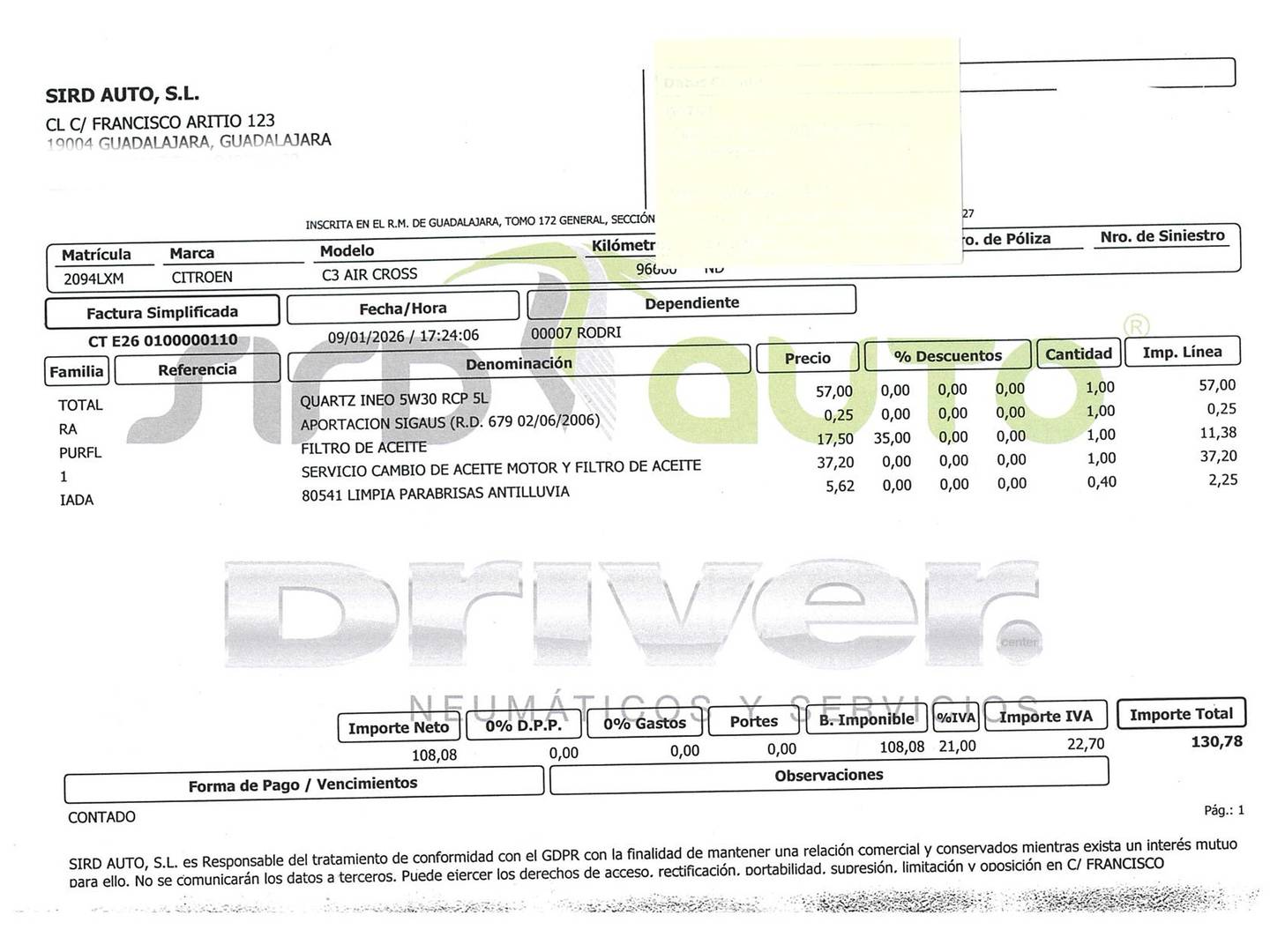 Foto del mantenimiento del Citroën C3 Aircross Citroën C3 Aircross BlueHDi 110 S&S Feel Pack (110 CV)