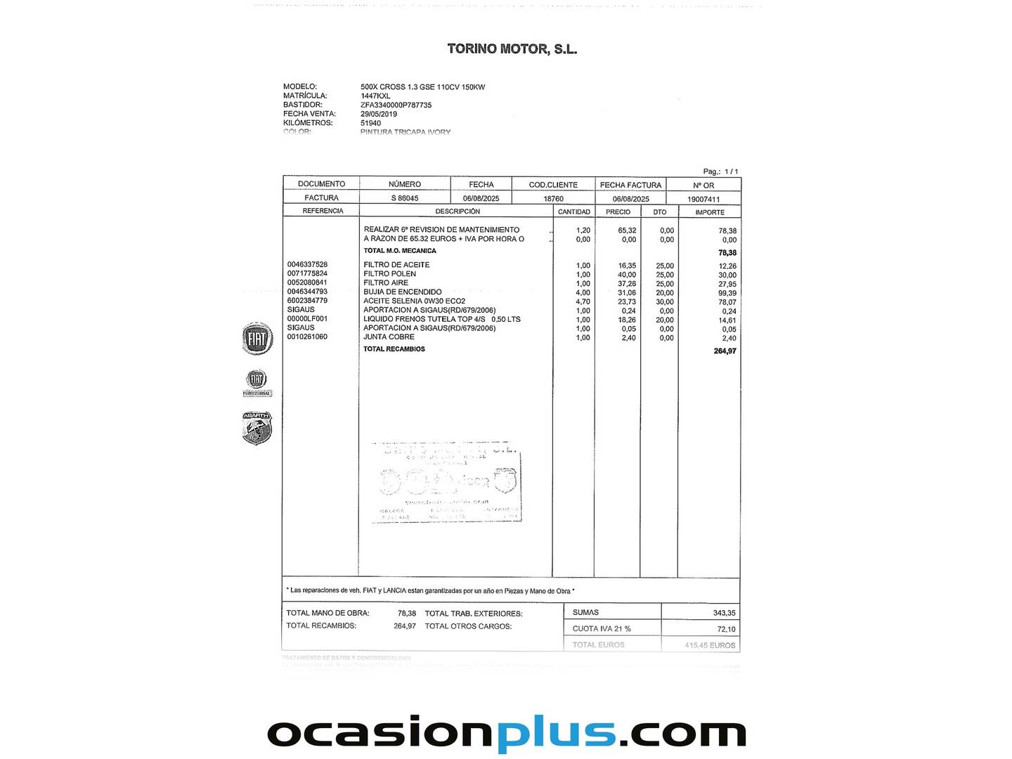 Foto del mantenimiento del Fiat 500X Fiat 500X 1.3 Firefly S&S Cross T4 DCT (150 CV)