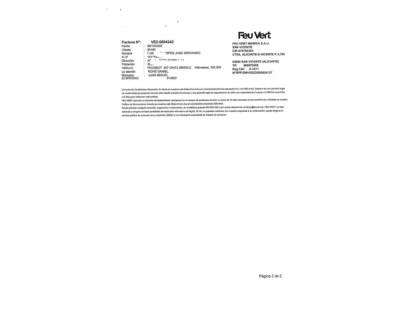 Foto del certificado del Peugeot 307 Peugeot 307 1.6 HDI X-Line (110 CV)
