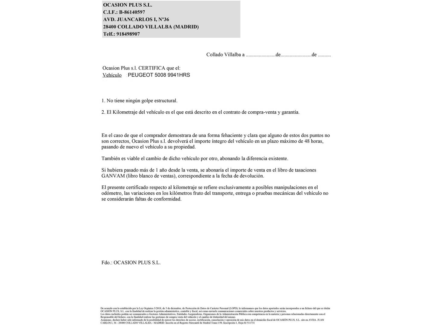 Foto del certificado del Peugeot 5008 Peugeot 5008 1.6 HDI Allure FAP (115 CV)