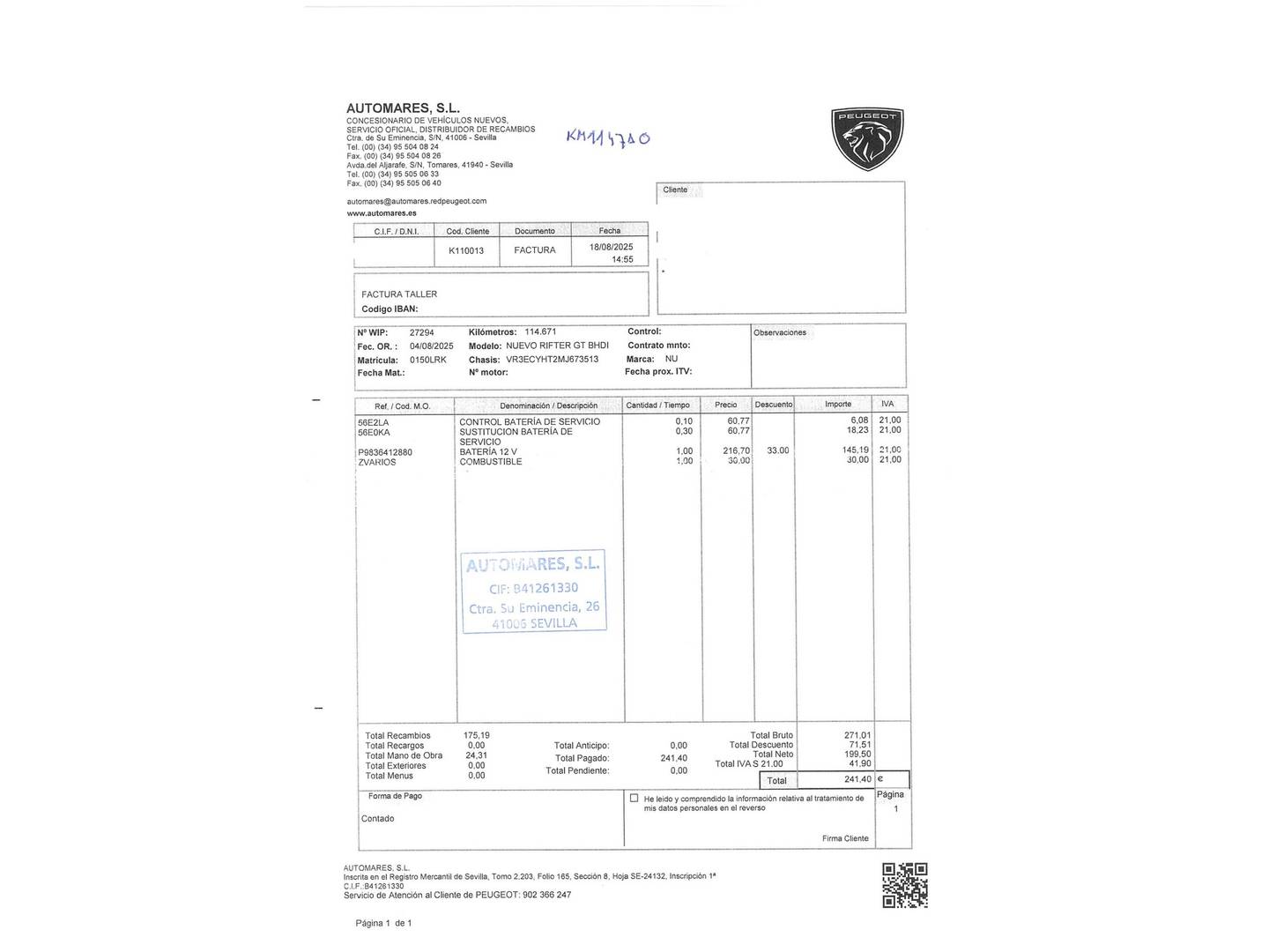 Foto del mantenimiento del Peugeot Rifter Peugeot Rifter GT Long BlueHDi (100 CV)