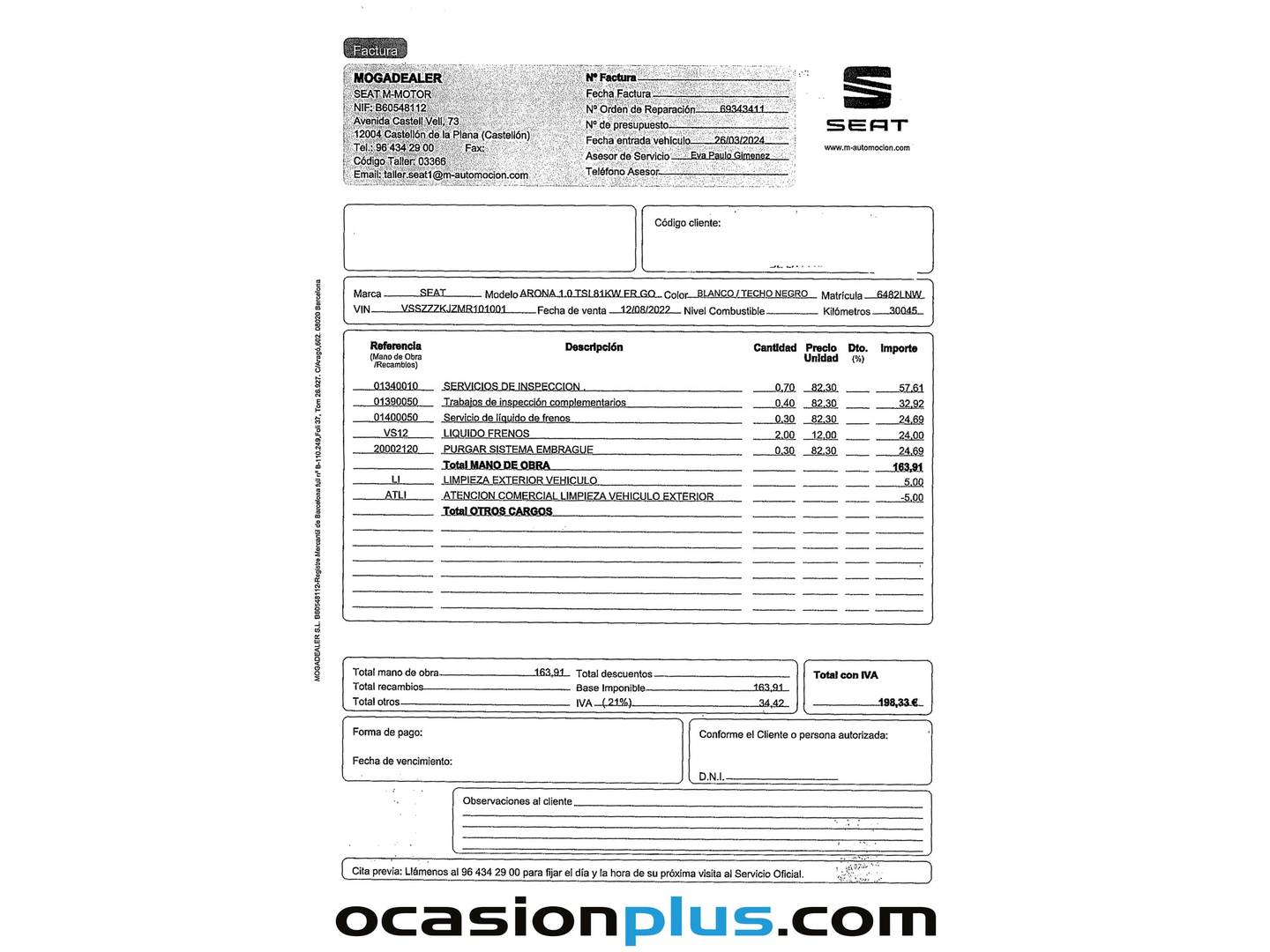 Foto del mantenimiento del Seat Arona Seat Arona 1.0 TSI FR Go2 (110 CV)
