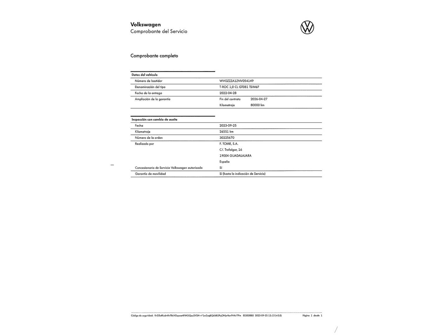 Foto del mantenimiento del Volkswagen T-Roc Volkswagen T-Roc Advance R-Line 1.0 TSI (110 CV)