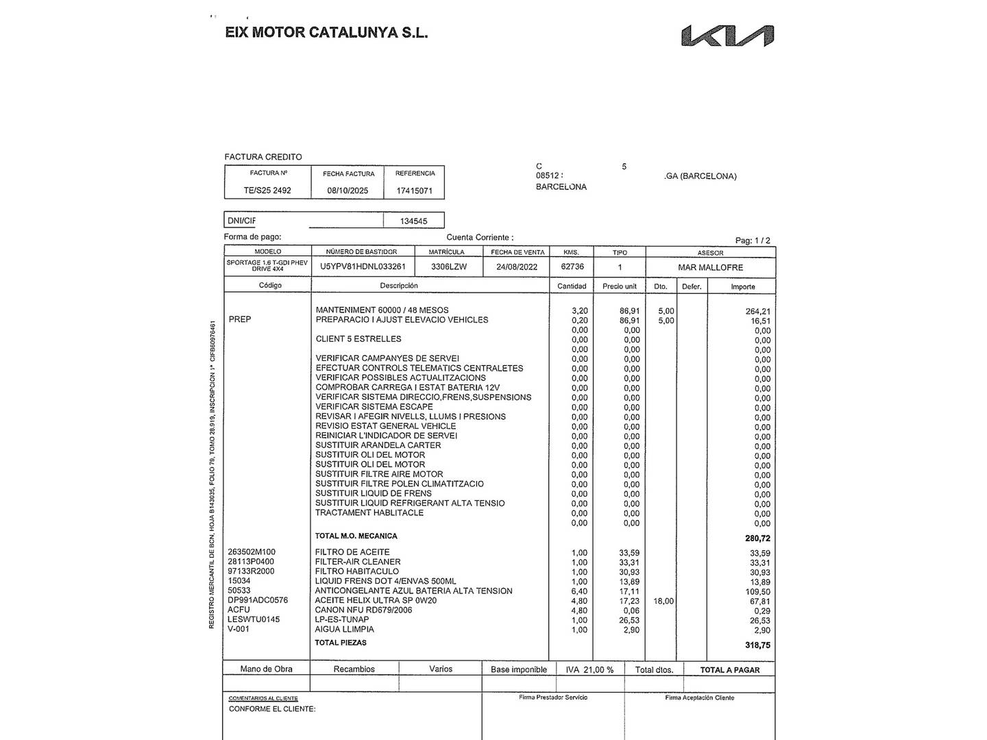 Foto del mantenimiento del KIA Sportage KIA Sportage 1.6 T-GDi PHEV Drive 4x4 (265 CV)