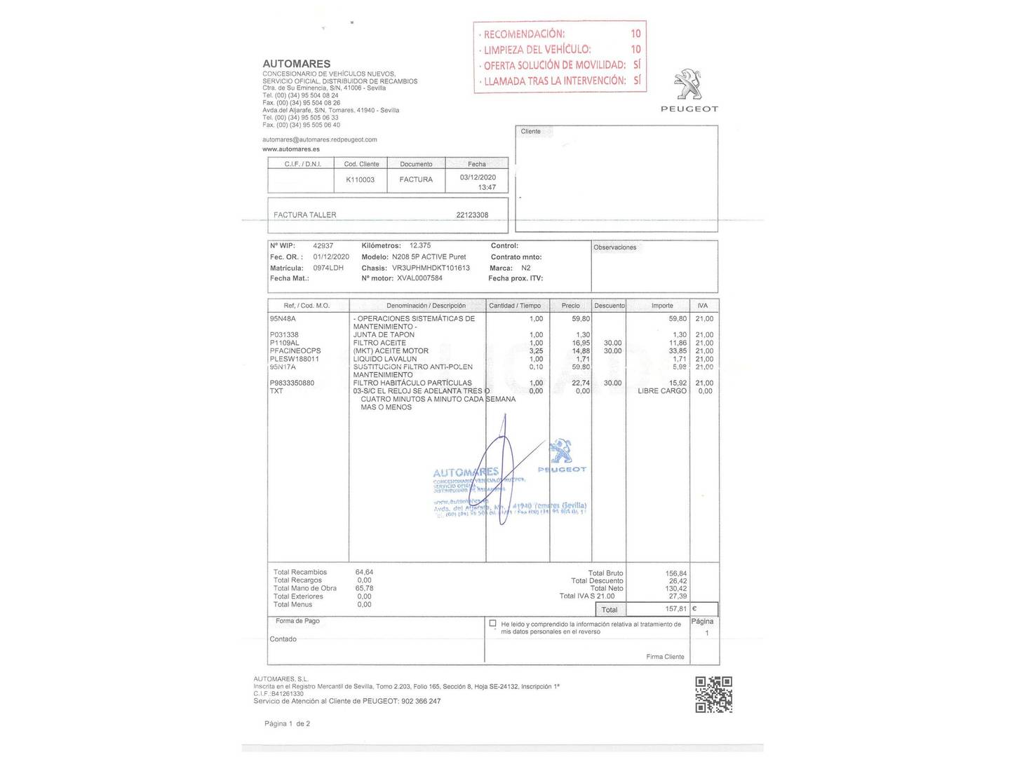 Foto del mantenimiento del Peugeot 208 Peugeot 208 PureTech 75 S&S Active (75 CV)