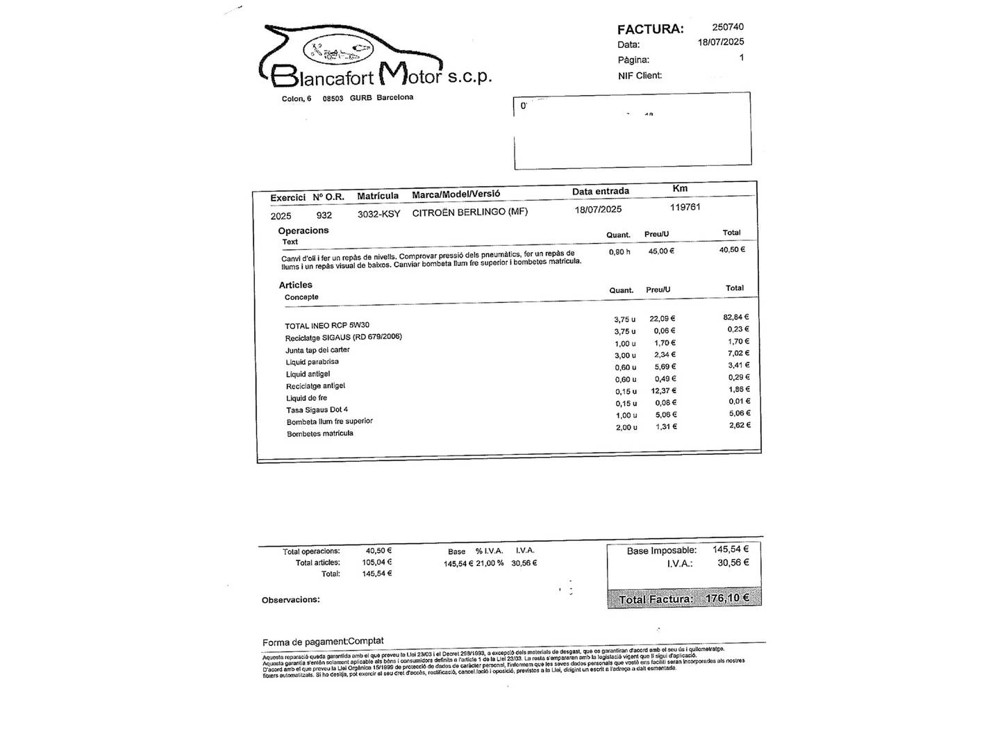 Foto del mantenimiento del Citroën Berlingo Citroën Berlingo BlueHDi 130 S&S Talla M Shine (130 CV)