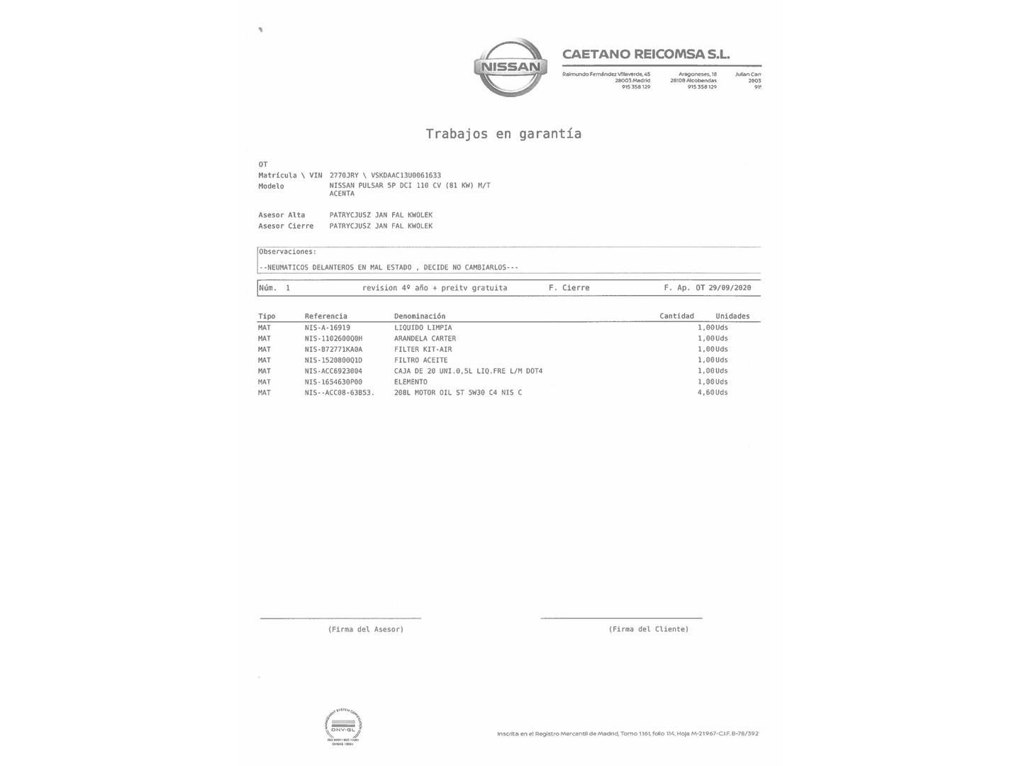 Foto del mantenimiento del Nissan PULSAR Nissan Pulsar 1.5 dCi Acenta (110 CV)
