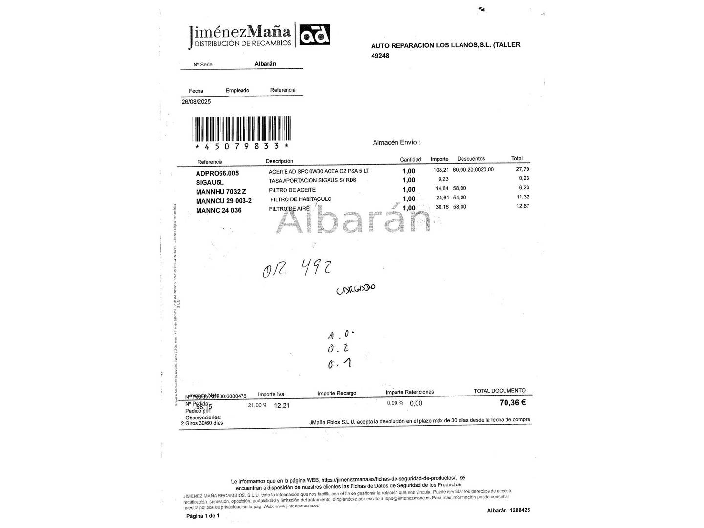 Foto del mantenimiento del Opel Vivaro Opel Vivaro 1.5 Diésel L Incrementada Select  (102 CV)