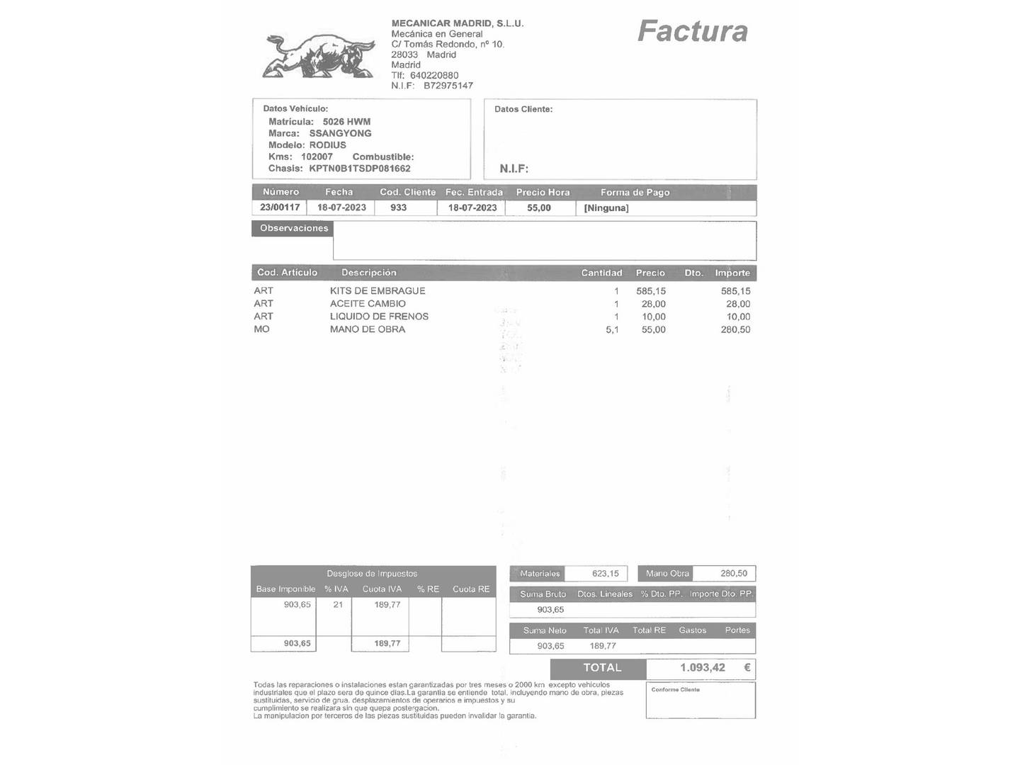 Foto del mantenimiento del SsangYong Rodius SsangYong Rodius 2.0 e-Xdi Premium (155 CV) 7 Plazas