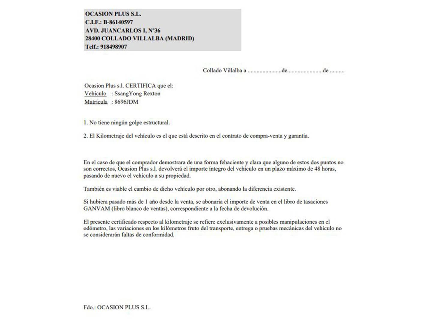 Foto del certificado del SsangYong Rexton SsangYong Rexton 200 e-xdi Premium 4x2 (155 CV)