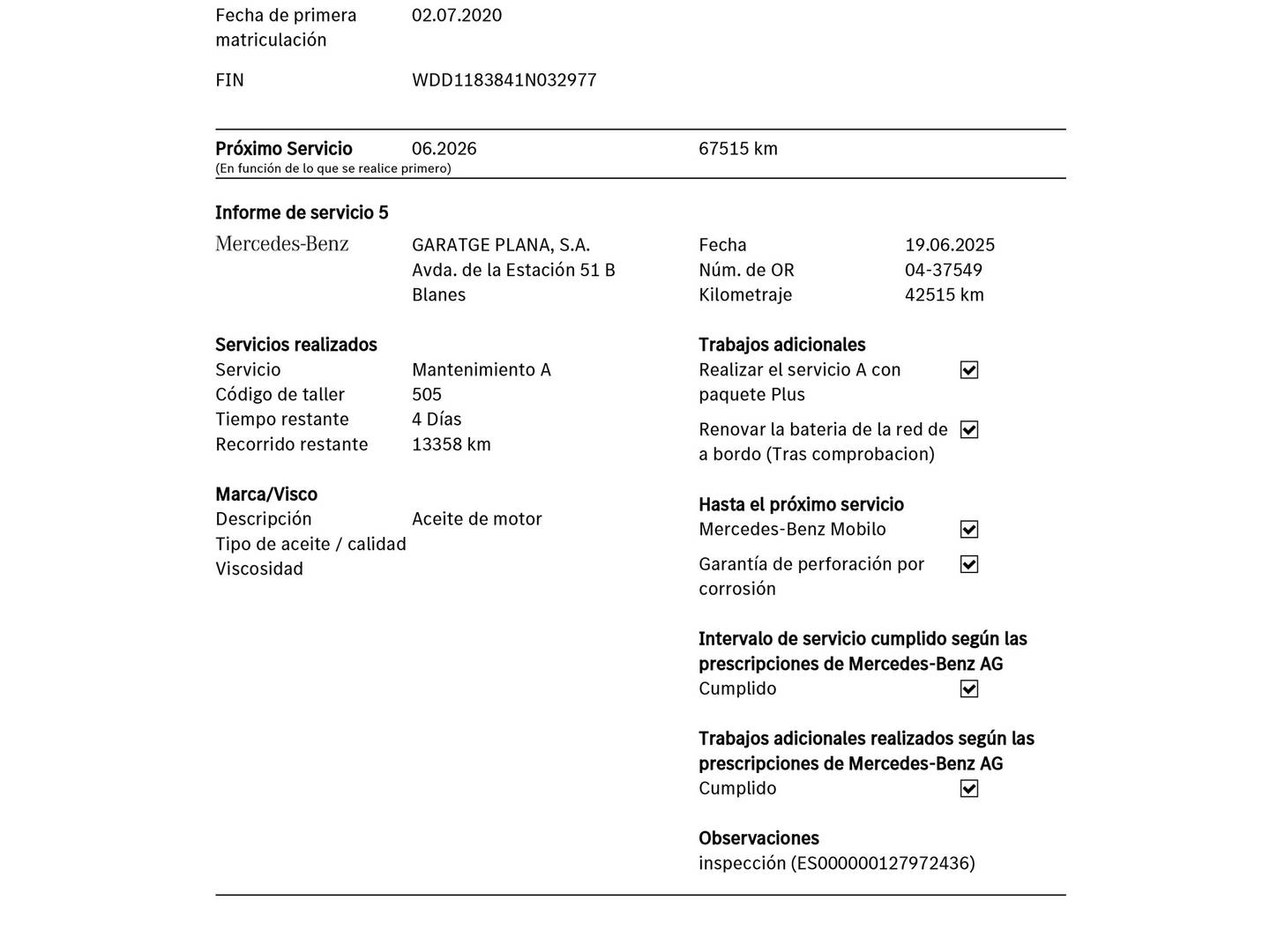 Foto del mantenimiento del Mercedes CLA Mercedes-Benz CLA CLA 180 (136 CV)