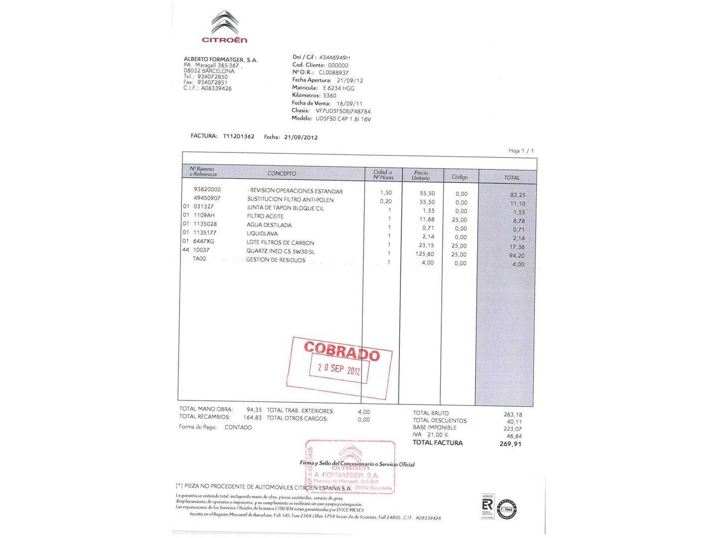 Foto del mantenimiento del Citroën C4 Picasso Citroën C4 Picasso 1.6 VTi Seduction (120 CV)