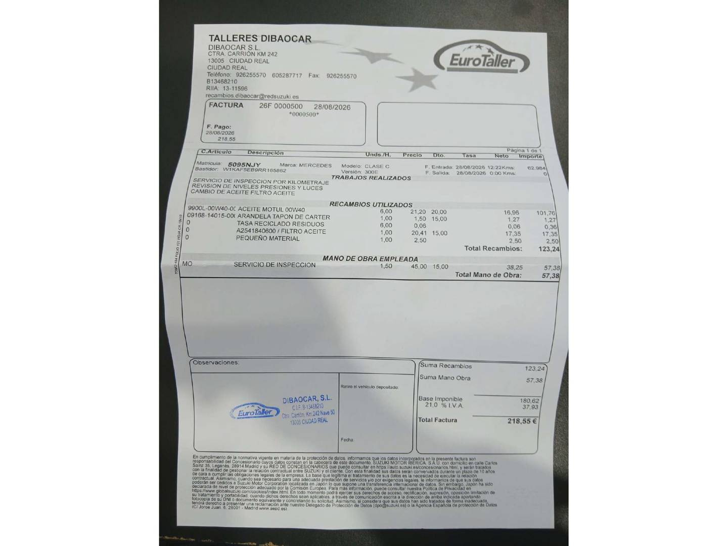 Foto del mantenimiento del Mercedes Clase C Mercedes Clase C 300 e (313 CV)
