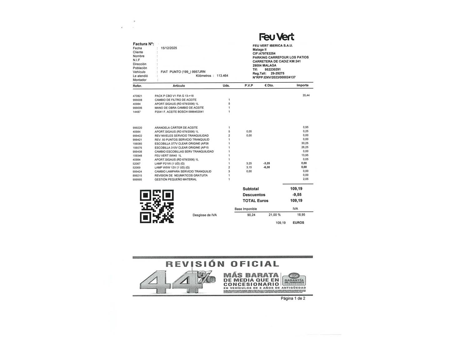 Foto del mantenimiento del Fiat Punto Fiat Punto 1.2 8v S&S Gasolina Pop (69 CV)