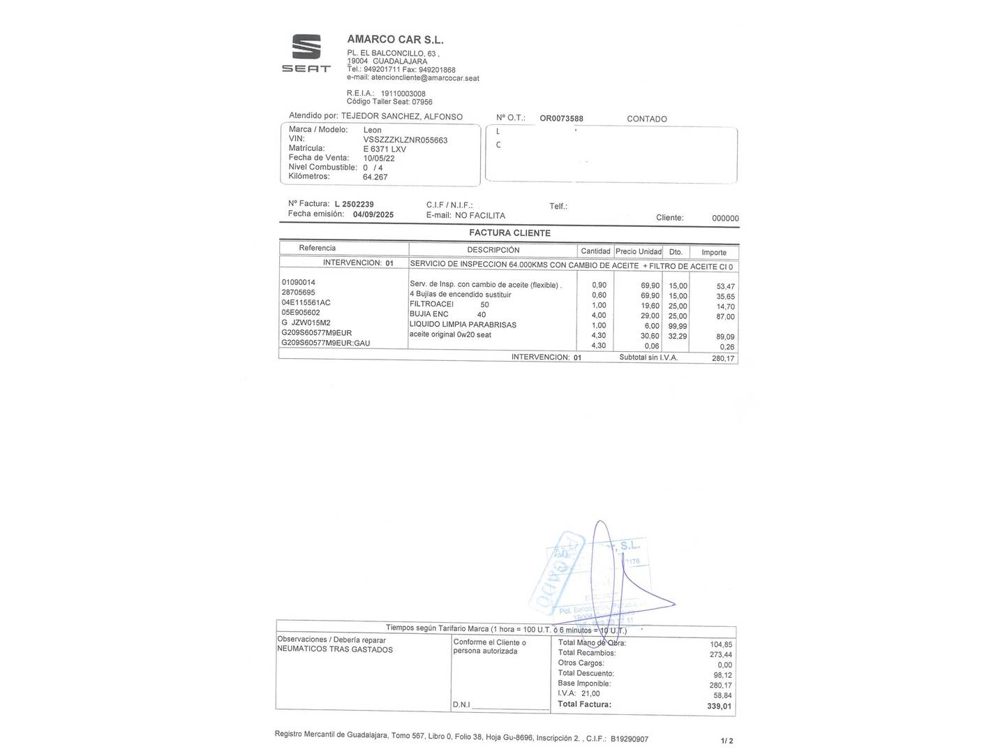 Foto del mantenimiento del Seat León SEAT León 1.5 TSI S&S FR Go L (150 CV)