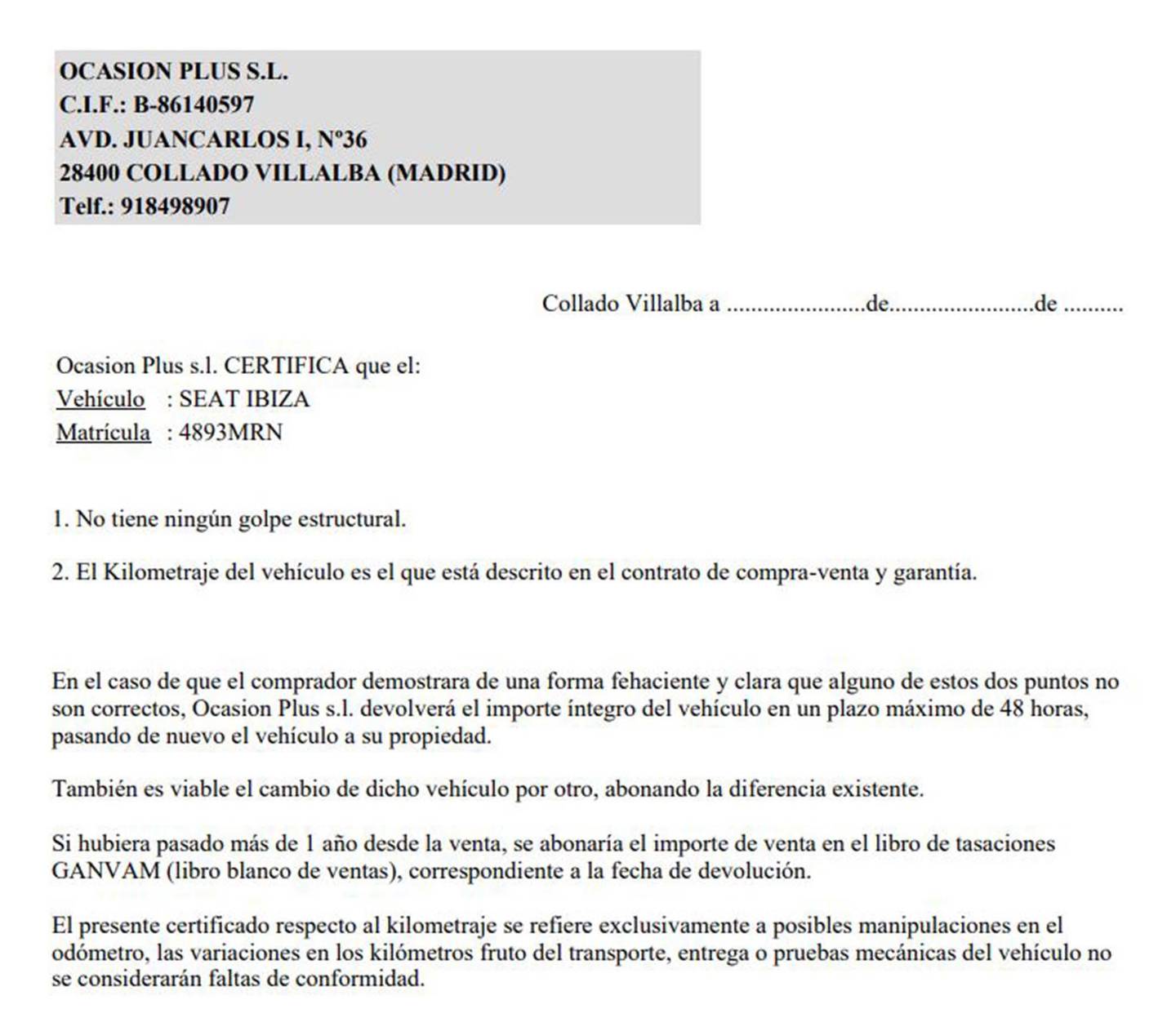 Foto del certificado del Seat Ibiza Seat Ibiza 1.5 TSI FR XL DSG (150 CV)