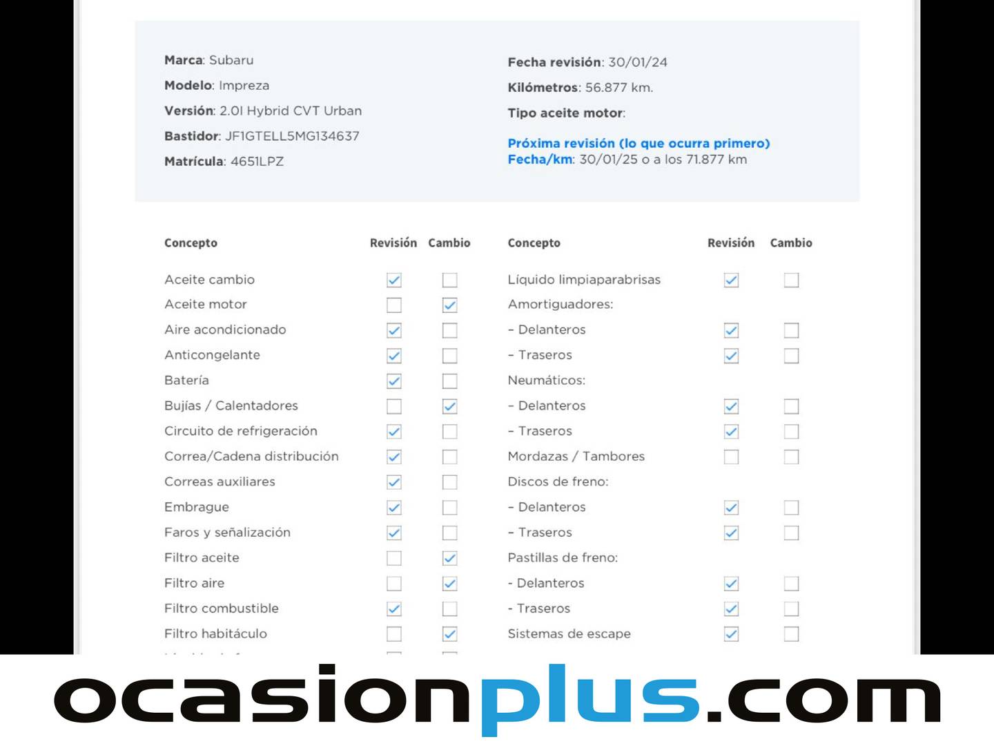 Foto del mantenimiento del Subaru Impreza Subaru Impreza 2.0I Hybrid Urban CVT (150 CV)