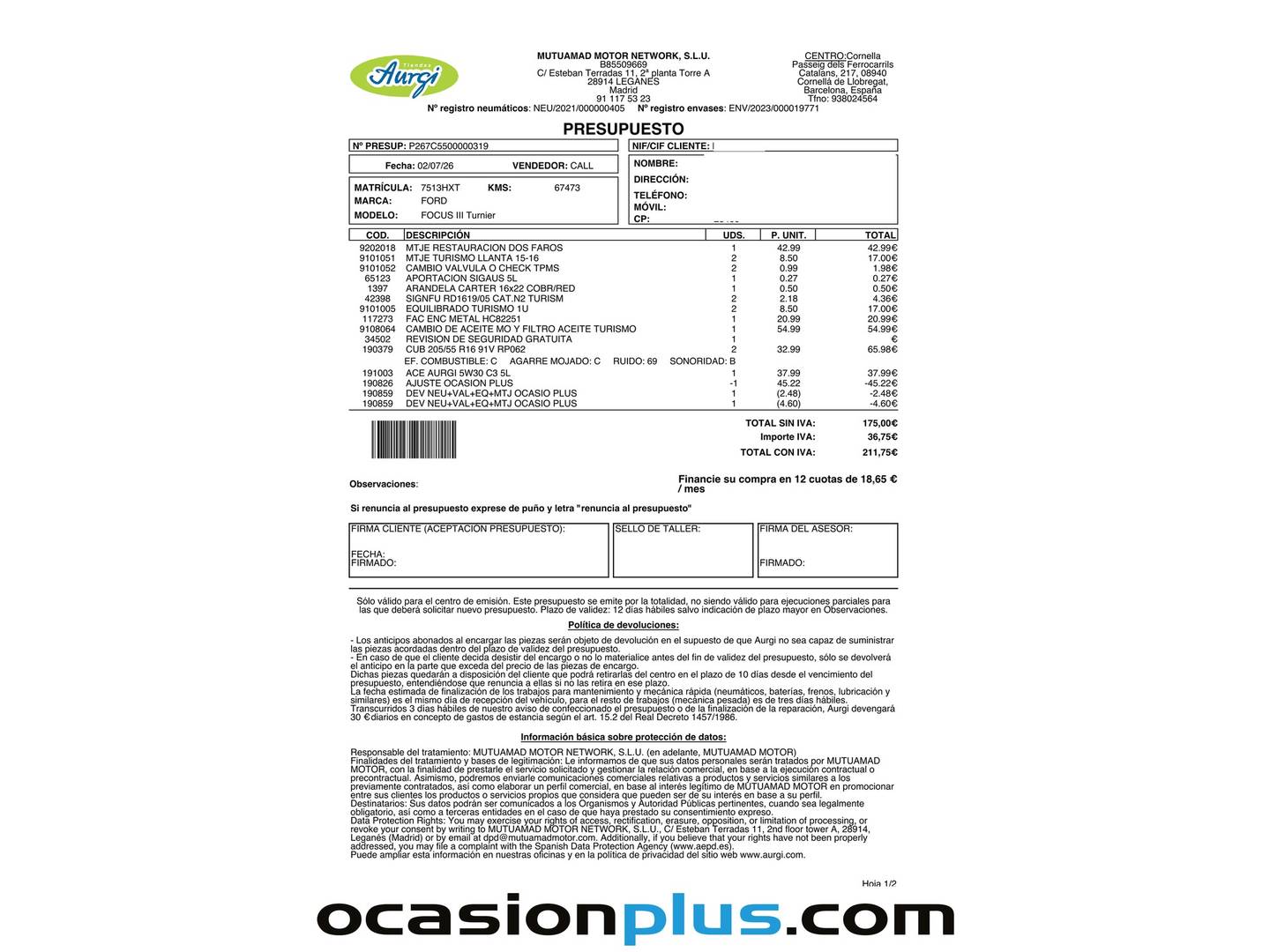 Foto del mantenimiento del Ford Focus Ford Focus Sportbreak 1.6 TI-VCT Trend (125 CV)