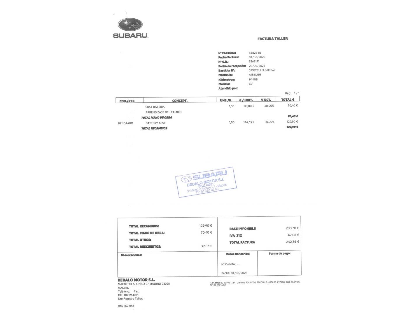 Foto del mantenimiento del Subaru XV Subaru XV 2.0i Hybrid Executive Plus CVT  (150 CV)