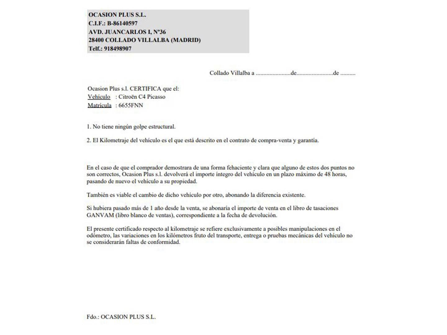 Foto del certificado del Citroën C4 Picasso Citroën C4 Picasso 1.6 HDI Exclusive (110 CV)