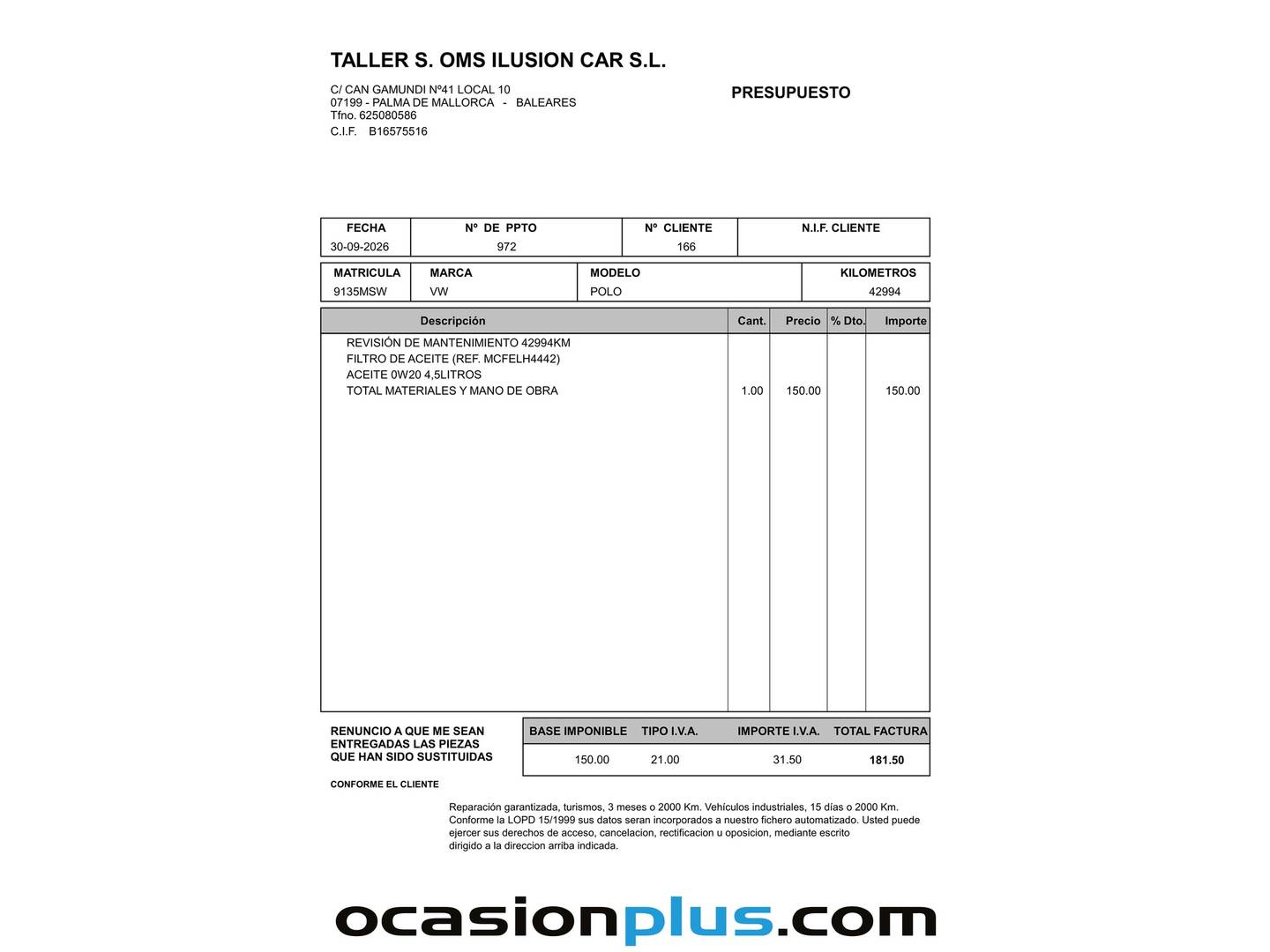 Foto del mantenimiento del Volkswagen Polo Volkswagen Polo Life 1.0 TSI (95 CV) DSG