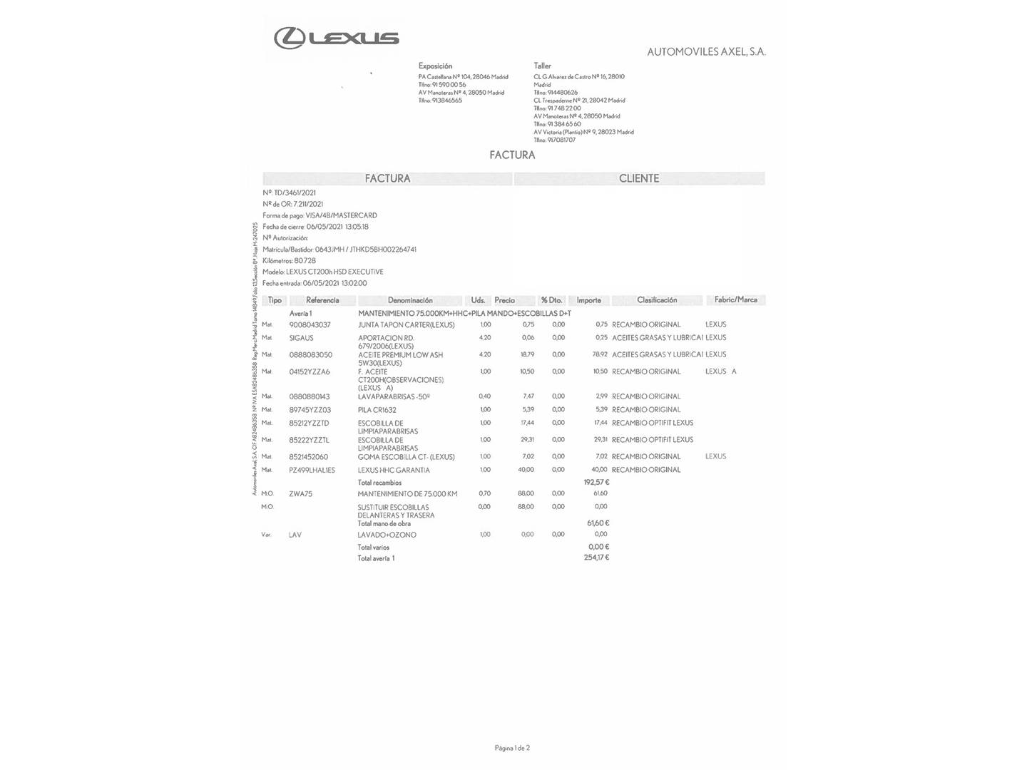 Foto del mantenimiento del Lexus CT Lexus CT 200h Executive 100 kW (136 CV)
