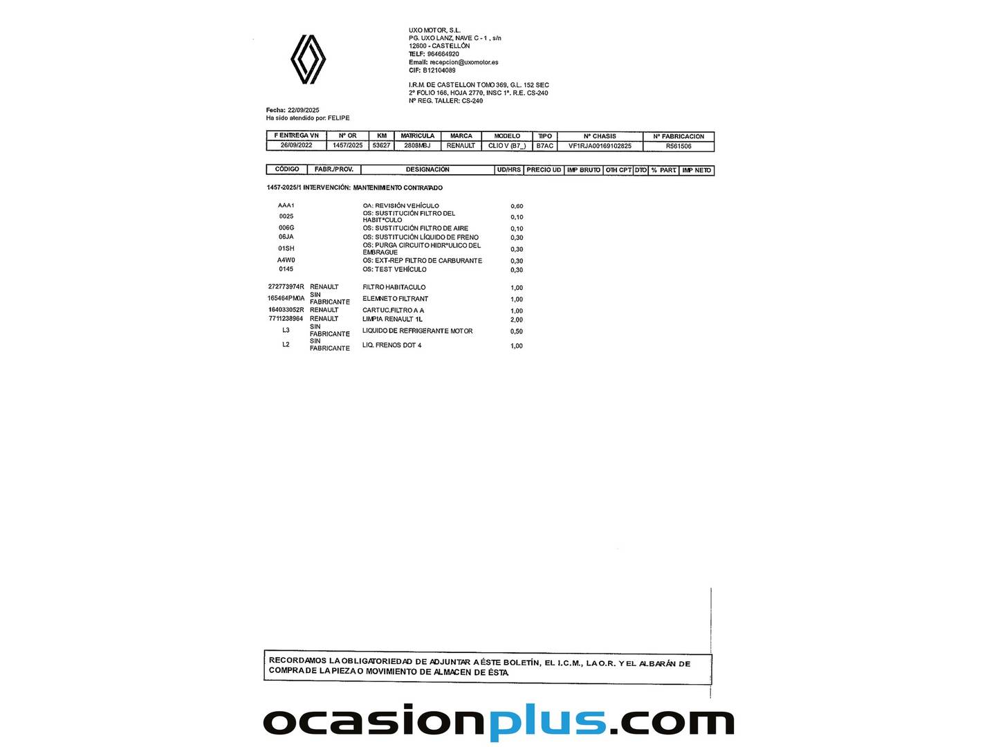 Foto del mantenimiento del Renault Clio Renault Clio Zen Blue dCi (100 CV)
