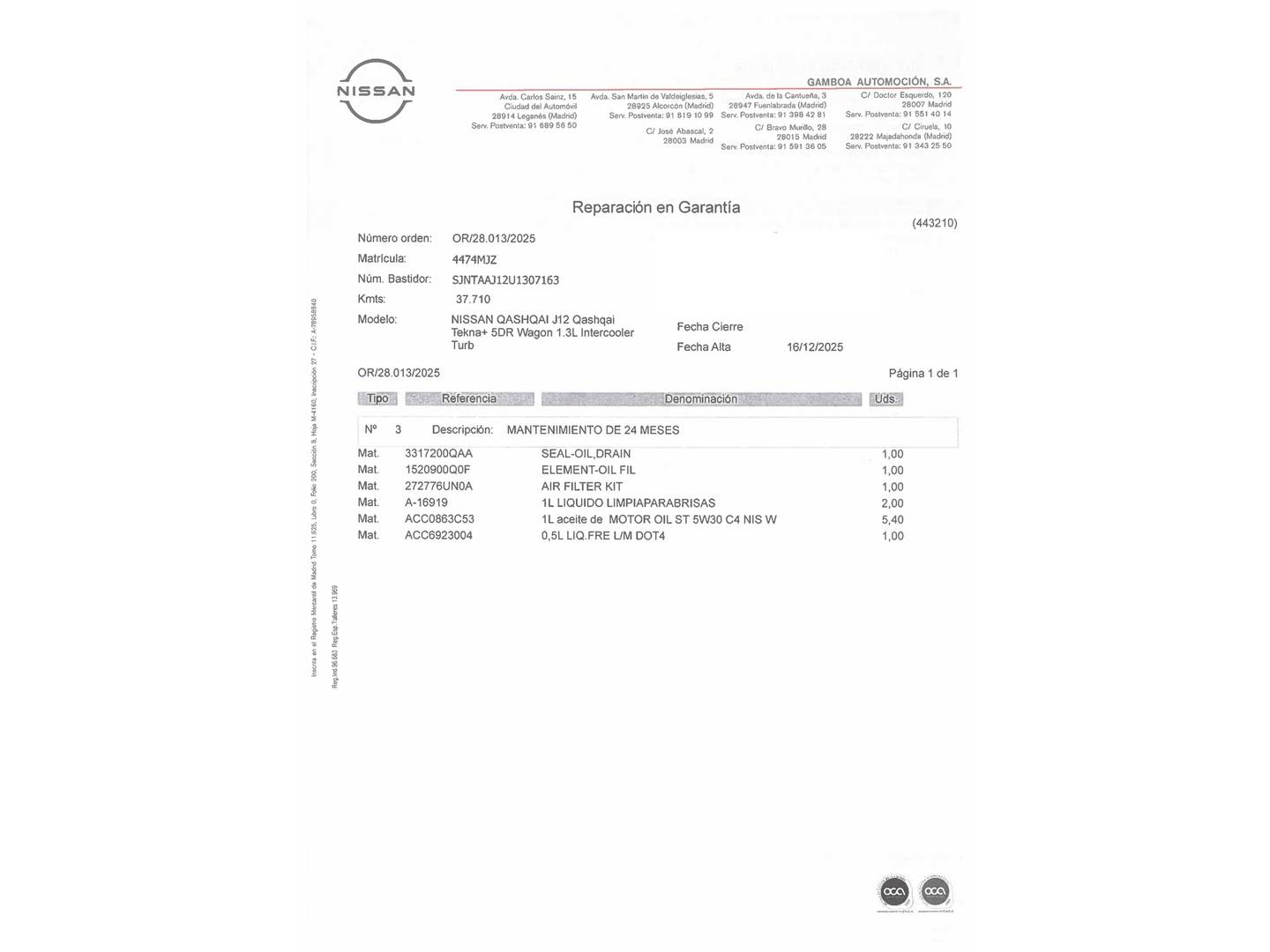 Foto del mantenimiento del Nissan QASHQAI Nissan Qashqai DIG-T 160 mHEV Tekna 4x2 (158 CV)