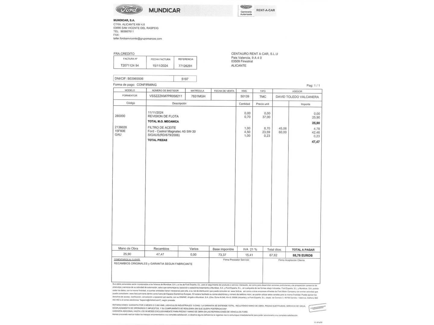 Foto del mantenimiento del Cupra Formentor Cupra Formentor 1.5 TSI DSG (150 CV)