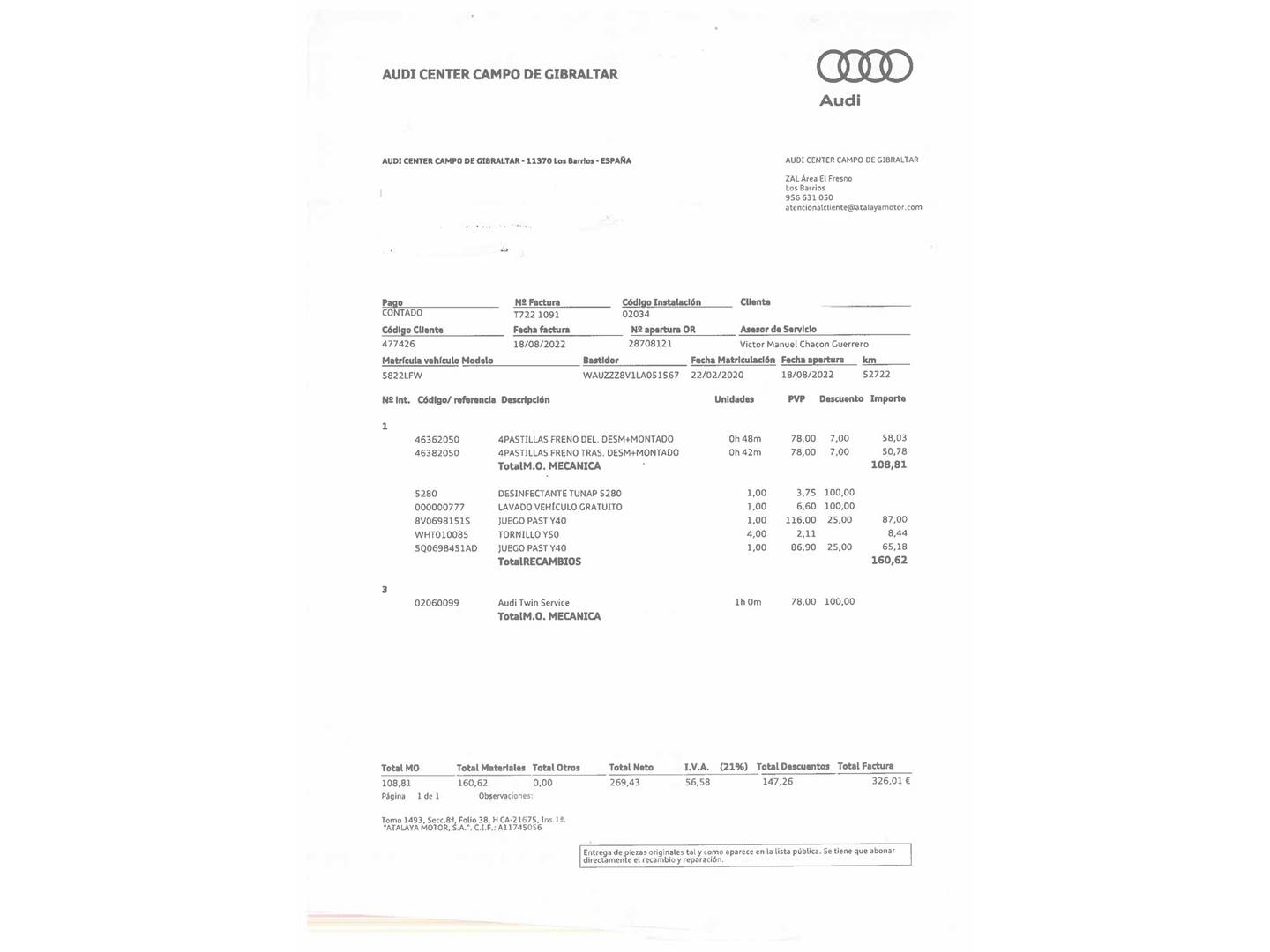 Foto del mantenimiento del Audi A3 Audi A3 Sportback S line 35 TFSI (150 CV) S tronic