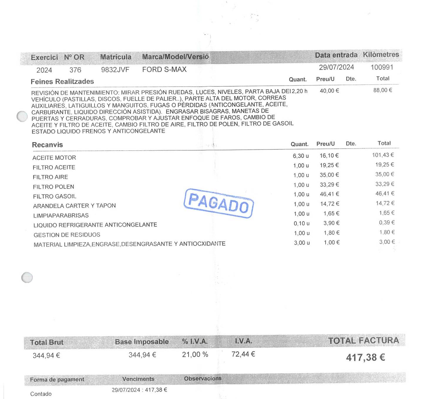 Foto del mantenimiento del Ford S-MAX Ford S-Max 2.0 TDCI Titanium (150 CV) 7 Plazas