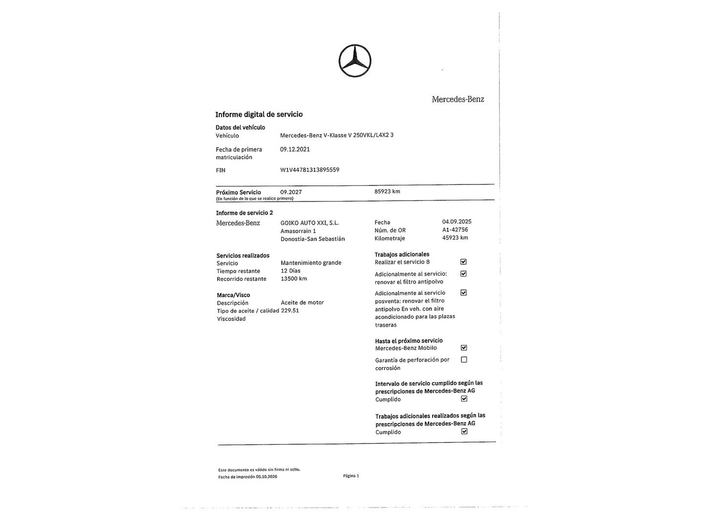 Foto del mantenimiento del Mercedes Clase V Mercedes Clase V 250 d Avantgarde Largo (190 CV) 8 Plazas