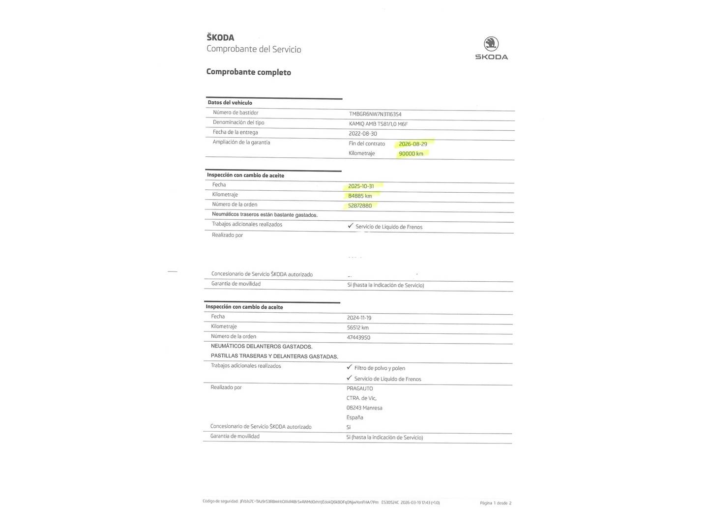 Foto del mantenimiento del Skoda Kamiq Skoda Kamiq 1.0 TSI Emotion (110 CV)