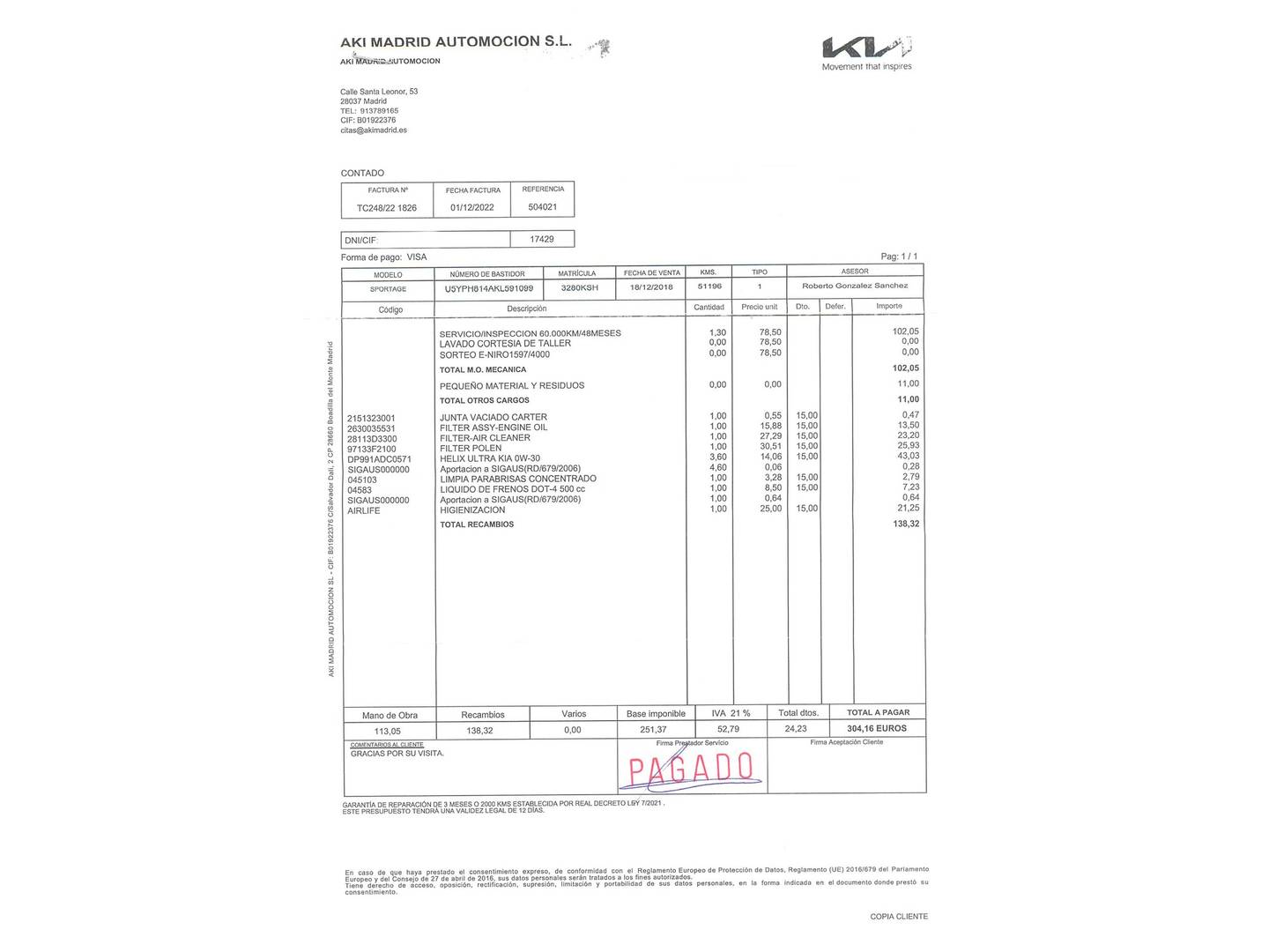 Foto del mantenimiento del KIA Sportage KIA Sportage 1.6 GDi Drive 4x2 (132 CV)