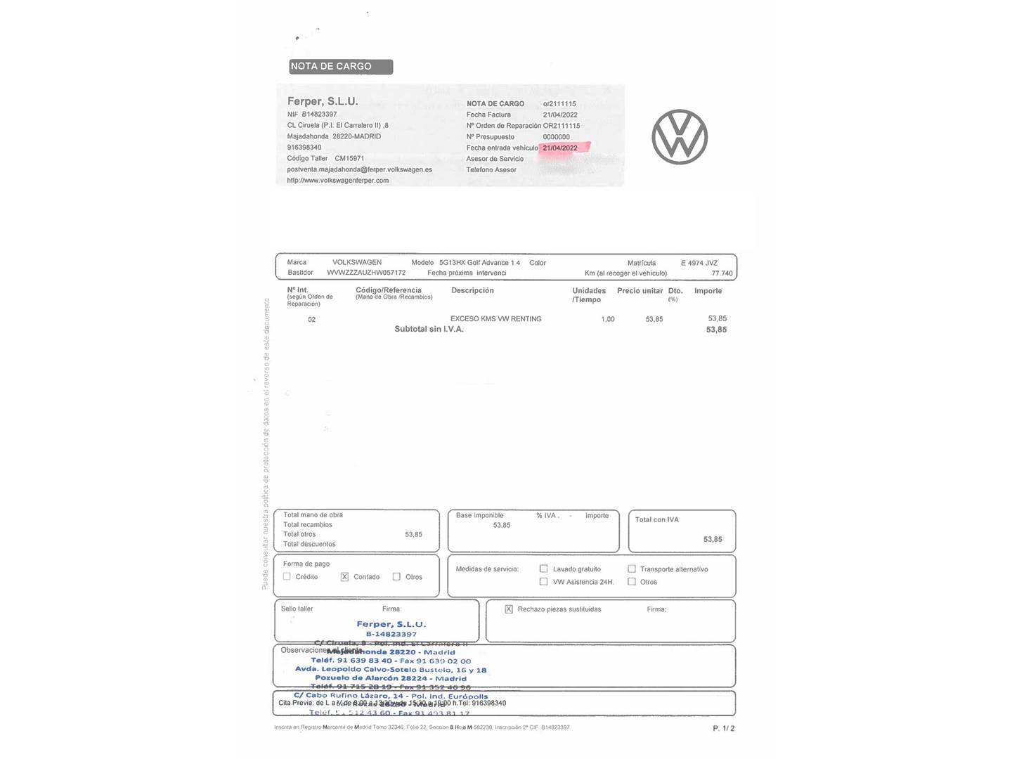 Foto del mantenimiento del Volkswagen Golf Volkswagen Golf Advance 1.4 TSI BMT (125 CV)