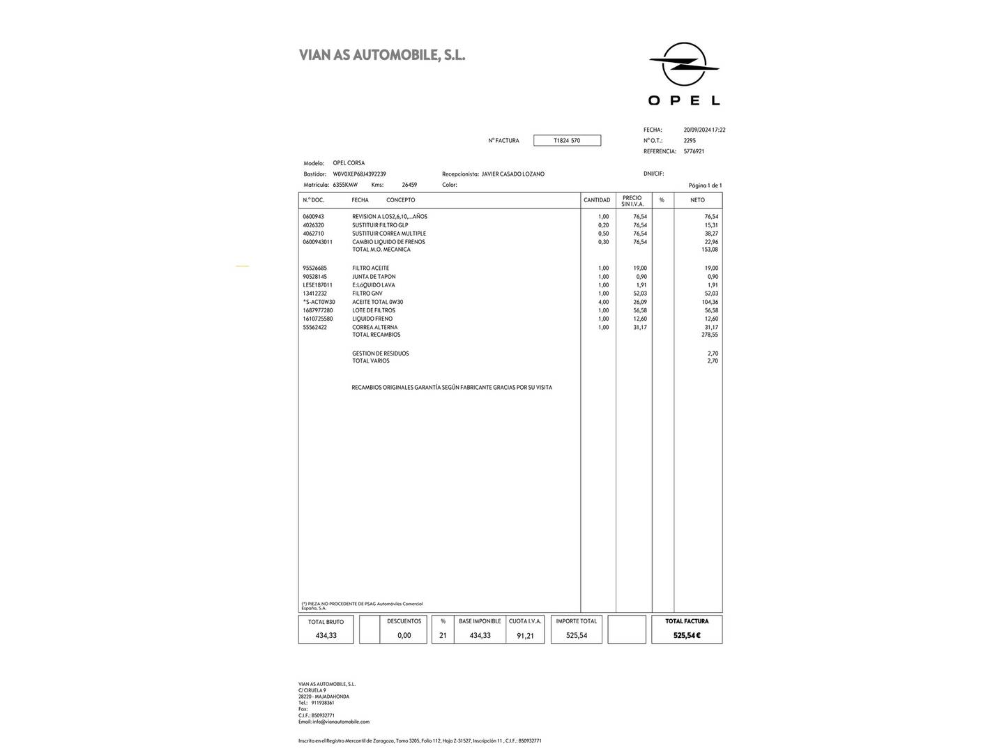 Foto del mantenimiento del Opel Corsa Opel Corsa 1.4 GLP Selective (90 CV)