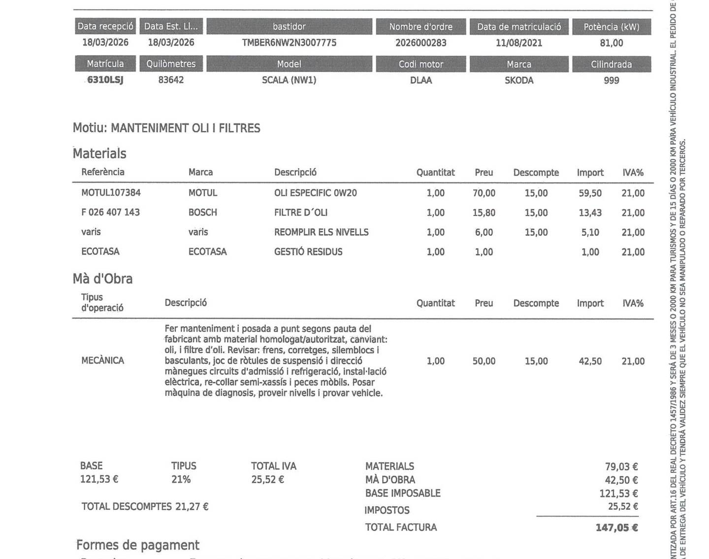 Foto del mantenimiento del Skoda Scala Skoda Scala 1.0 TSI Sport (110 CV)