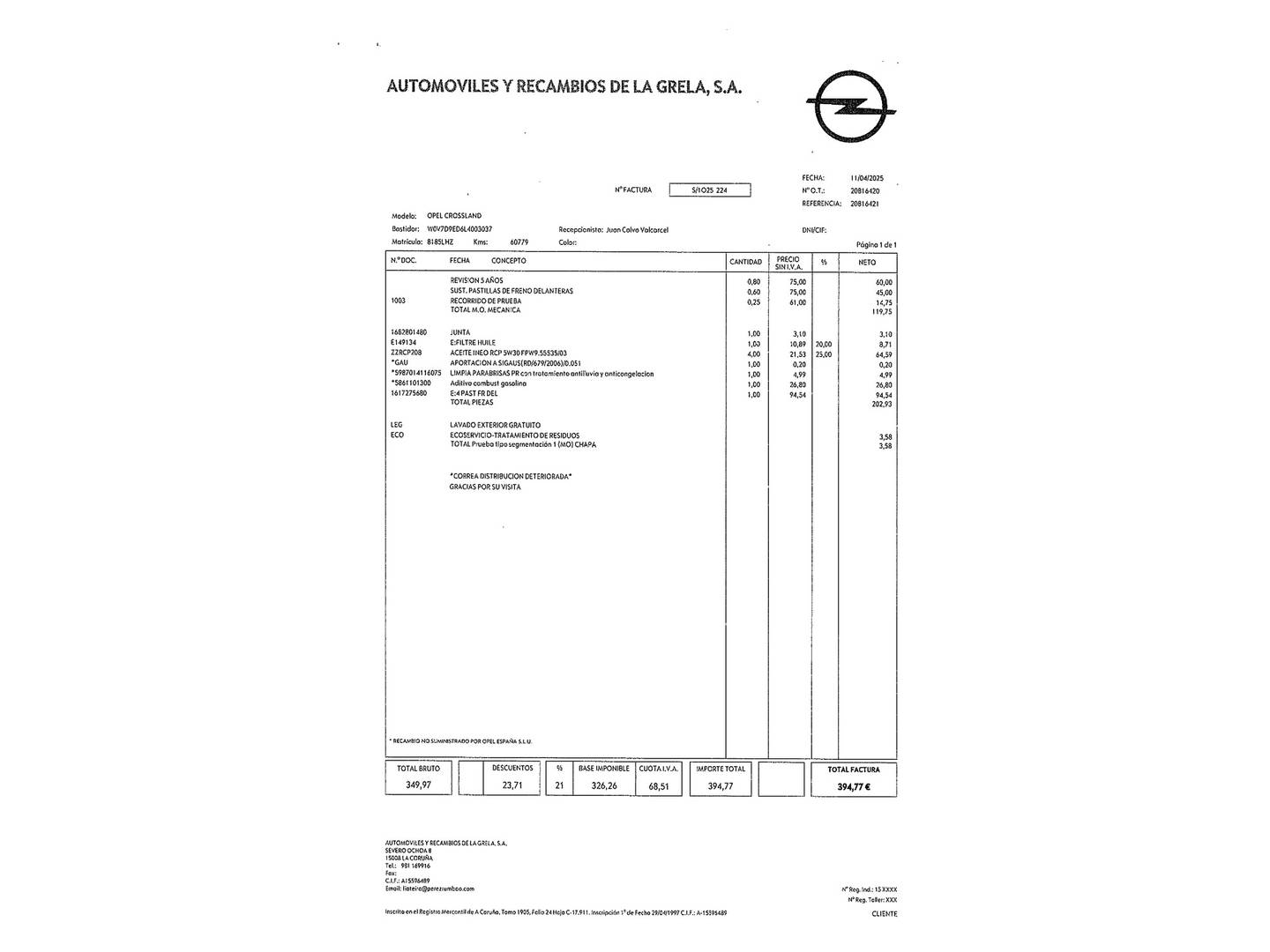 Foto del mantenimiento del Opel Crossland X Opel Crossland X 1.2 Design Line 120 Aniversario (110 CV)