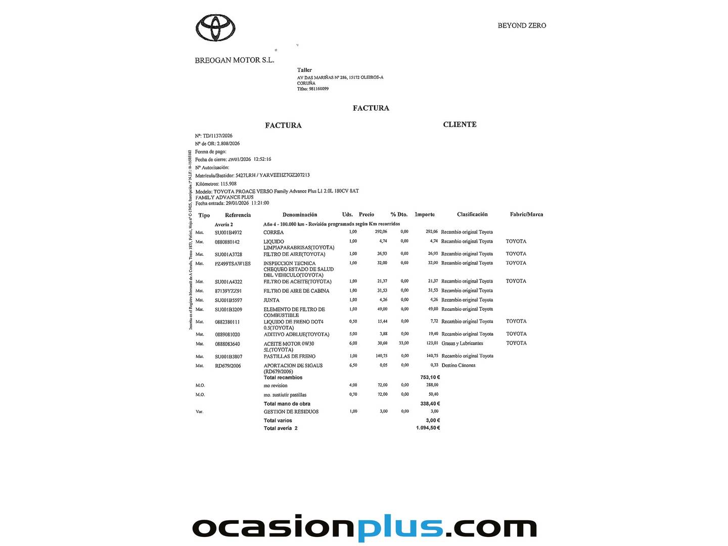 Foto del mantenimiento del Toyota Proace Verso Toyota Proace Verso 2.0D Family Advance Plus L1 Auto (177 CV) 8 Plazas
