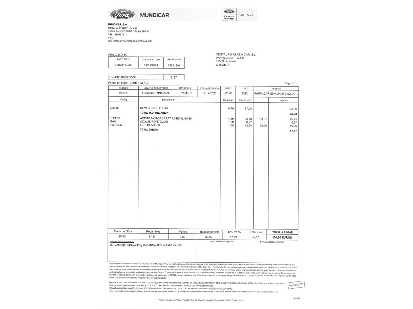 Foto del mantenimiento del MG eHS MG eHS 1.5 T-GDI PHEV Luxury (258 CV)