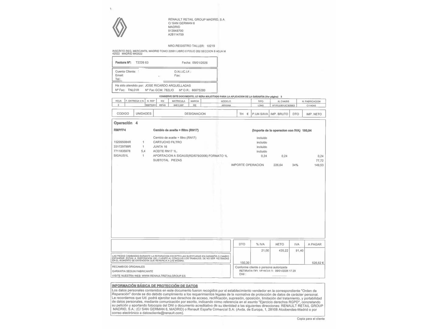 Foto del mantenimiento del Renault Arkana Renault Arkana RS Line TCe (140 CV) EDC Microhíbrido