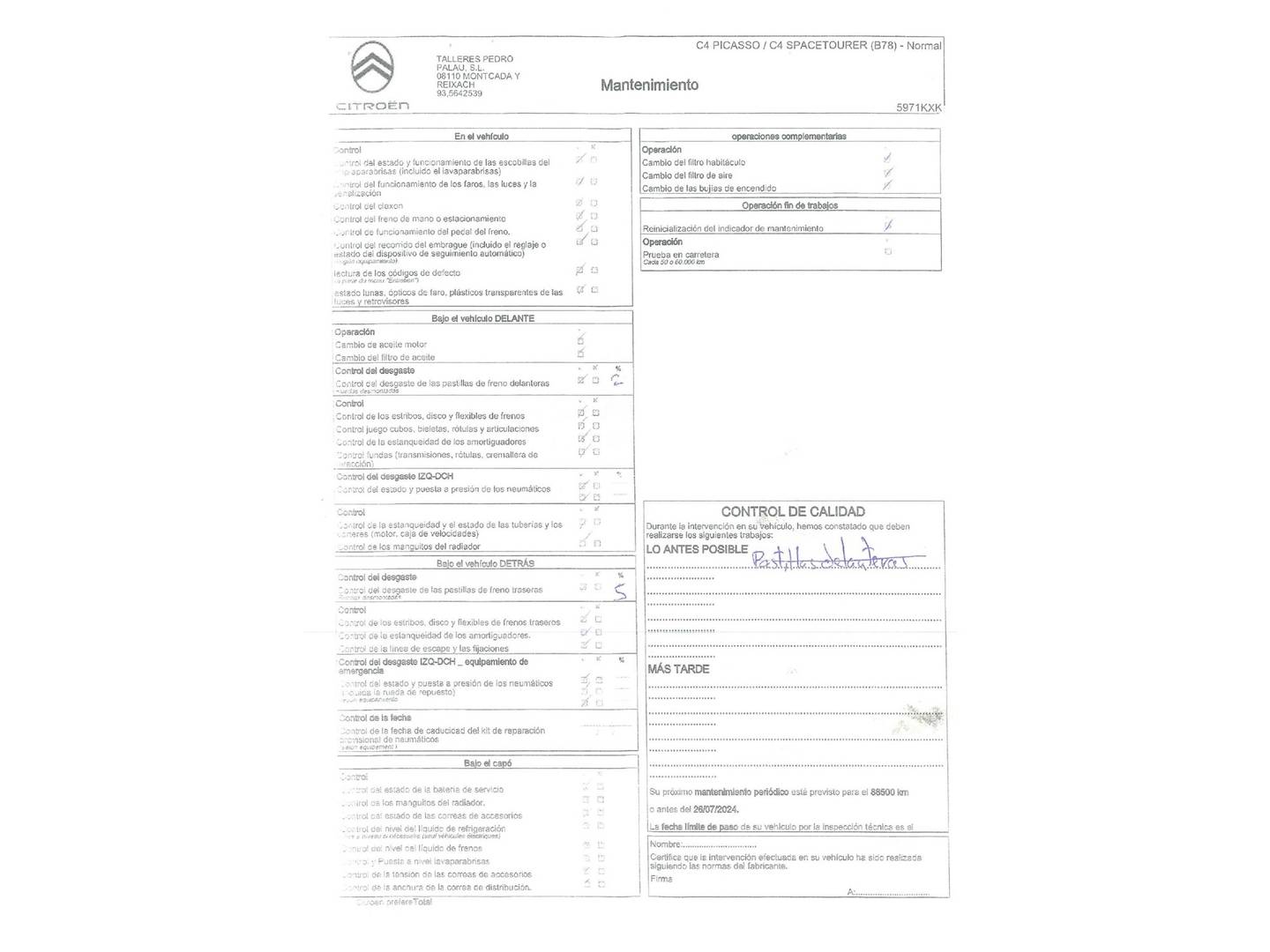 Foto del mantenimiento del Citroën Grand C4 Spacetourer Citroën Grand C4 Spacetourer PureTech 130 S&S Feel (130 CV) 7 Plazas