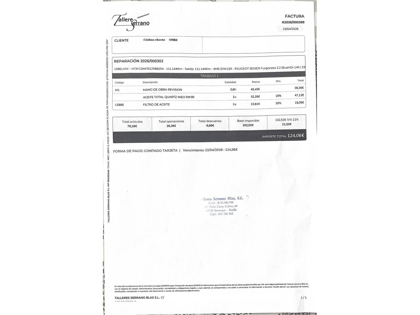 Foto del mantenimiento del Peugeot Boxer Peugeot Boxer Furgon BlueHDi 140 S&S Pack 335 L2H2 (140 CV)