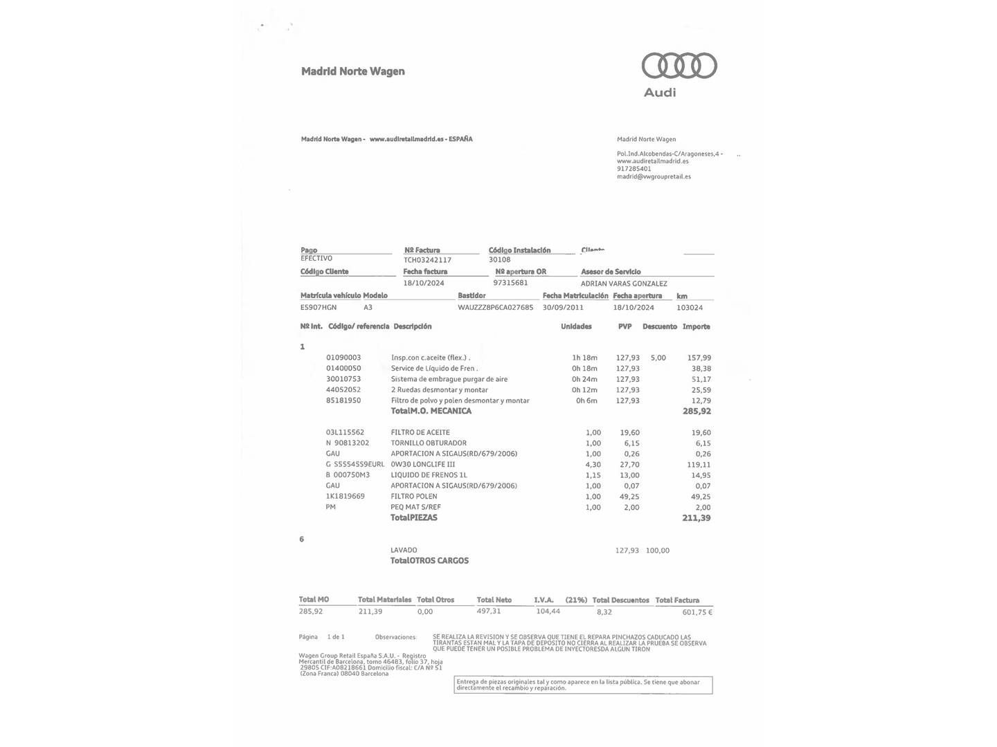 Foto del mantenimiento del Audi A3 Audi A3 Sportback Attraction 1.6 TDI (105 CV)