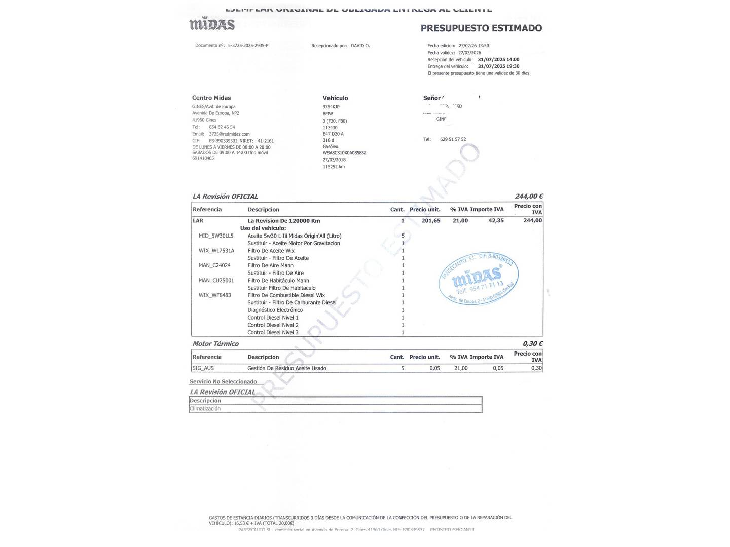 Foto del mantenimiento del BMW Serie 3 BMW Serie 3 318d Business (150 CV)