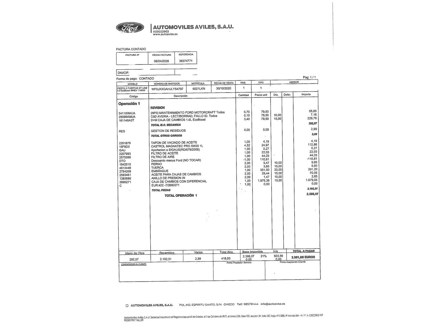 Foto del mantenimiento del Ford Fiesta Ford Fiesta 1.0 EcoBoost MHEV ST-Line (155 CV)