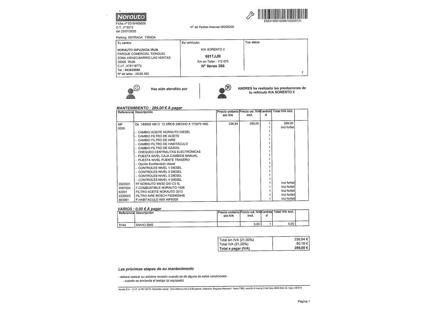 Foto del mantenimiento del KIA Sorento KIA Sorento 2.2 CRDi Emotion Auto 4x4 (Pack Luxury) (200 CV) 7 Plazas