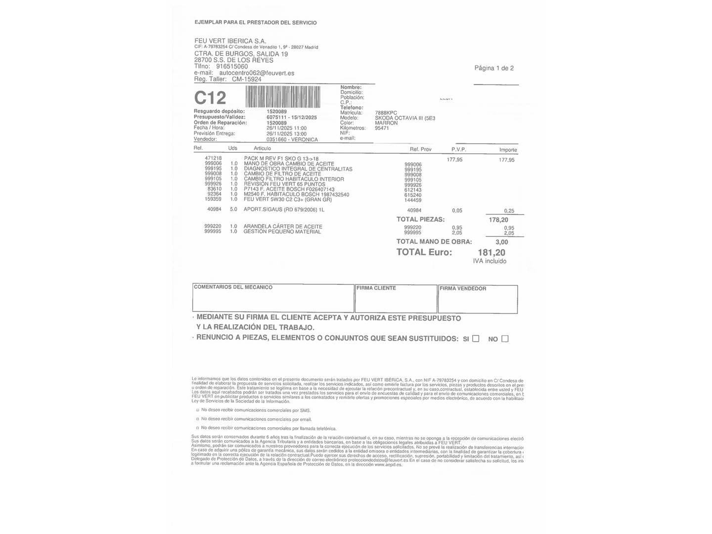 Foto del mantenimiento del Skoda Octavia Skoda Octavia 1.4 TSI Like DSG (150 CV)